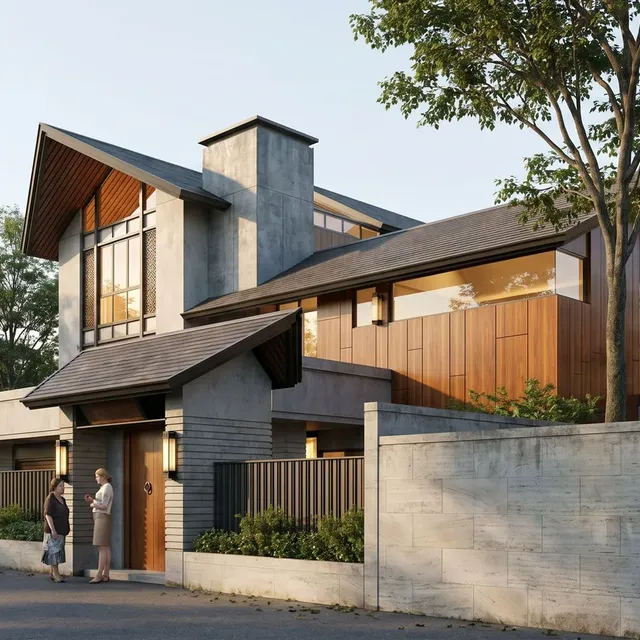 Contemporary house with steep gabled roofs, timber cladding and a concrete street wall at sunset, rendered from a SketchUp model with Render AI
