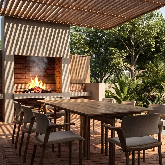 Garden terrace with a slatted pergola, brick fireplace, dining table and plunge pool, rendered from a line model with Render AI