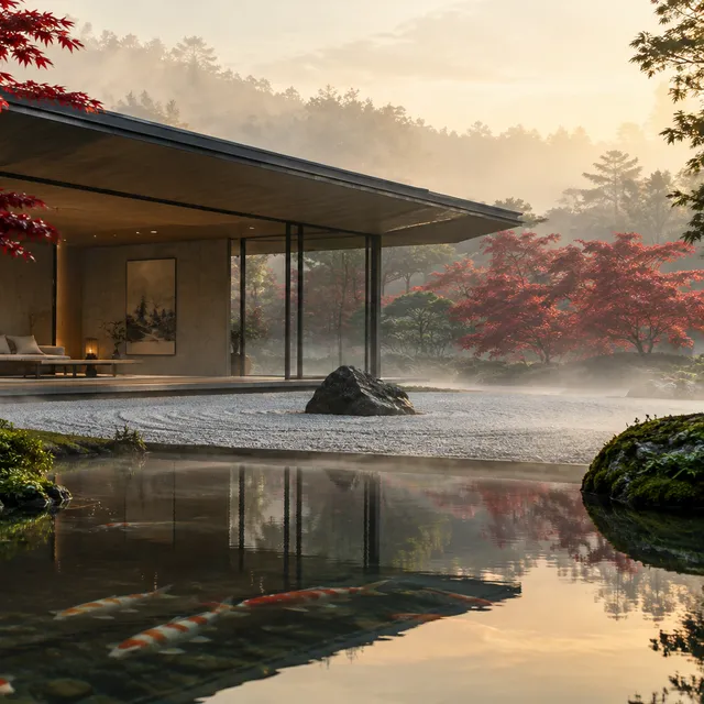 Glass pavilion with a deep flat roof over a misty koi pond and red maple trees at dawn, rendered with Render AI