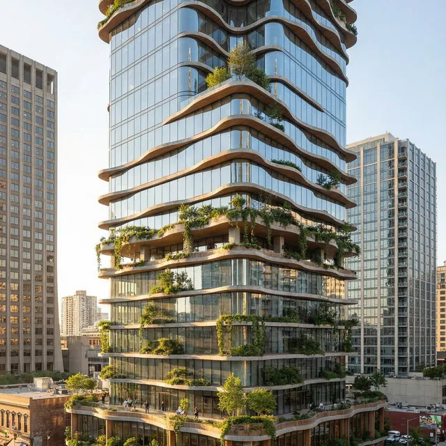 High-rise tower with planted terraces and wavy glass floors above a busy city street, rendered from a wireframe massing model with Render AI