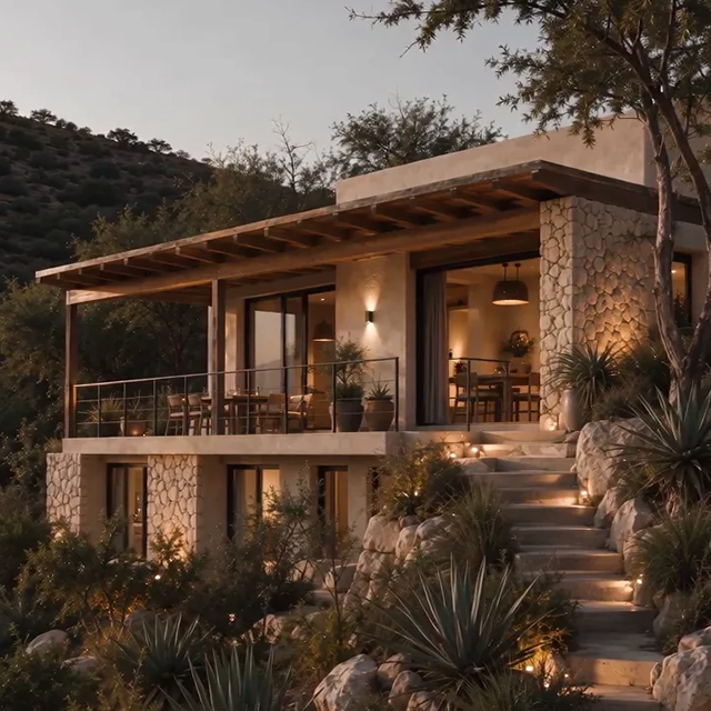 Animated dusk view of a stone and timber house on a hillside with lit garden stairs, made from a still render with Render AI