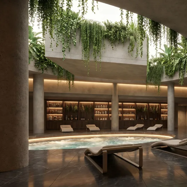 Indoor pool hall with a spiral stair, round columns and plants hanging from a skylight, rendered from a basic 3D render with Render AI