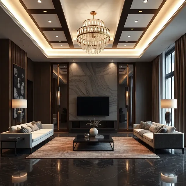 Hotel lounge with a marble wall, black stone floor and a crystal chandelier, rendered from a sketch with Render AI