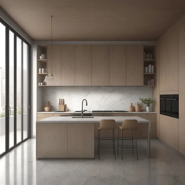 Wood and marble kitchen created with Render AI