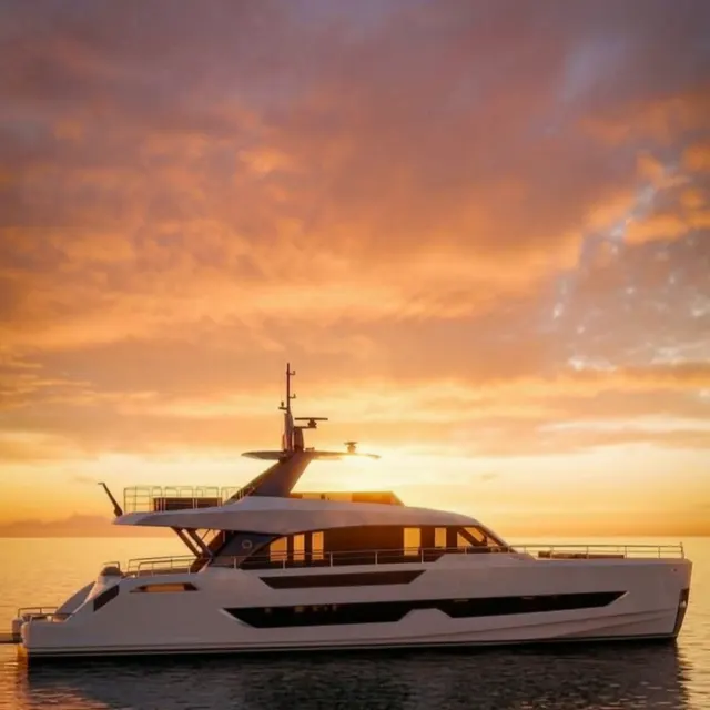 Animated view of a white motor yacht cruising at sea under an orange evening sky, made from a 3D side elevation with Render AI