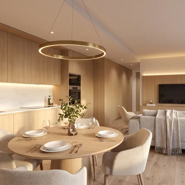 Open plan kitchen and living room in light oak with a round dining table and ring pendant, rendered from a basic 3D render with Render AI
