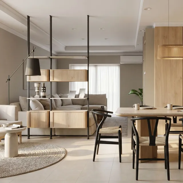 Open living and dining room in oak with wishbone chairs, a long table and a linear pendant, rendered from a SketchUp view with Render AI