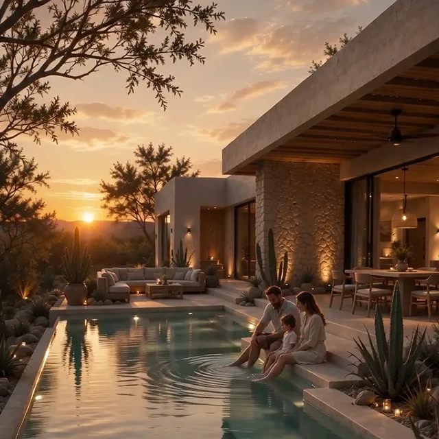 Animated sunset view of a stone house with a lit pool, agaves and two people by the water, made from a still render with Render AI