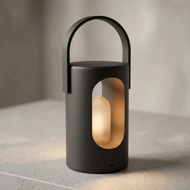 Matte black portable lamp with a carry handle and warm inner glow on a stone surface, rendered from a grey 3D model with Render AI