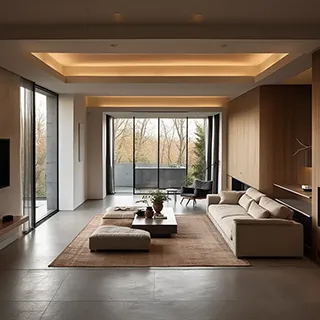 Minimal living room in warm wood and stone with large windows facing a forest, rendered with Render AI