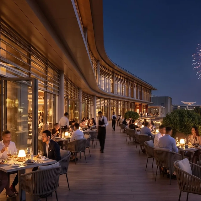 Seaside restaurant terrace at night with diners, warm lights and fireworks over the beach, rendered from a daytime render with Render AI