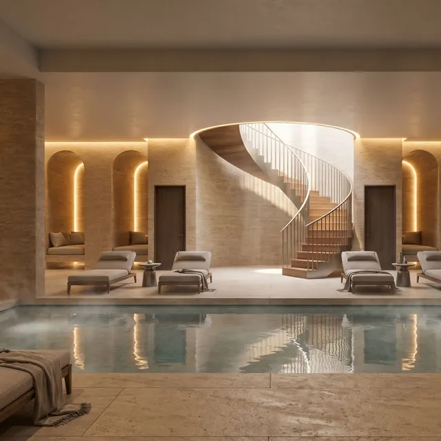 Spa pool hall in warm stone with arched niches, loungers and a spiral stair, rendered from a basic 3D model with Render AI
