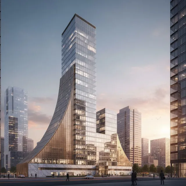 Glass skyscraper rising from a sweeping curved podium among city towers at dusk, rendered from an elevation diagram with Render AI