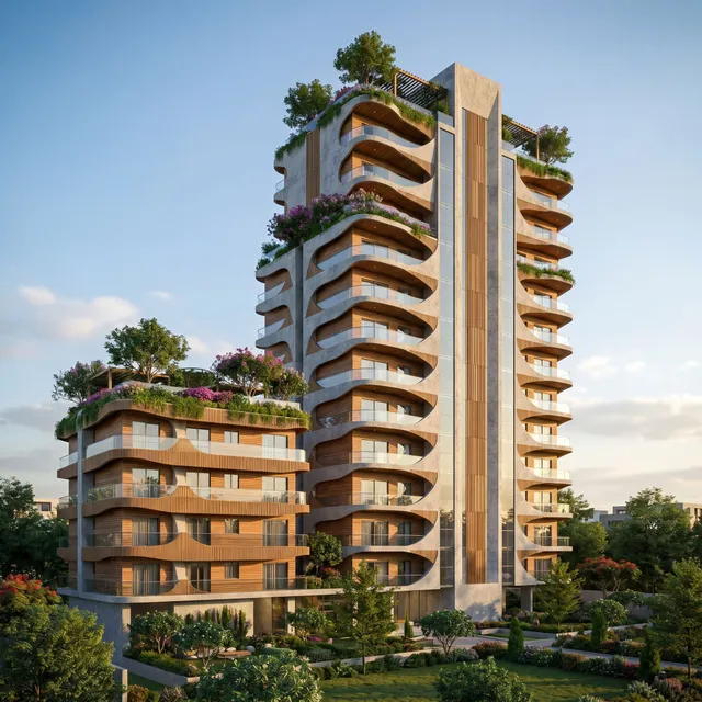 Two terraced residential towers with curved timber balconies and planted roof gardens, rendered from a CAD elevation with Render AI