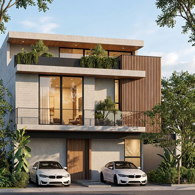 Three story townhouse with timber cladding, planted balconies and two cars in the driveway, rendered from a 3D model with Render AI
