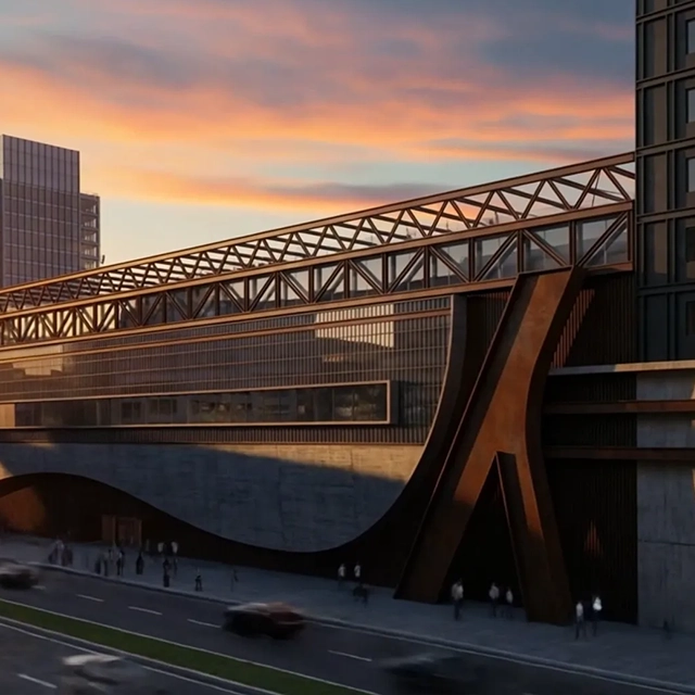 Video of a concrete building with a steel truss bridge and a curved weathering steel facade going from day to dusk, made from a render with Render AI