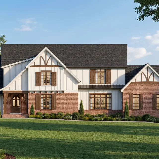 Tudor style family home in red brick and white board and batten with a wide front lawn, rendered from a line elevation with Render AI