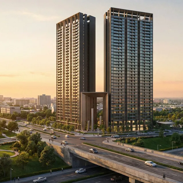 Twin dark residential towers joined by a gateway frame over a city park at sunset, rendered from a 3D model with Render AI