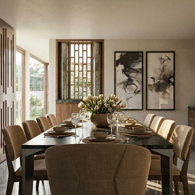 Long dining room with walnut wall panels, a dark stone table and abstract ink artworks, rendered from a SketchUp view with Render AI