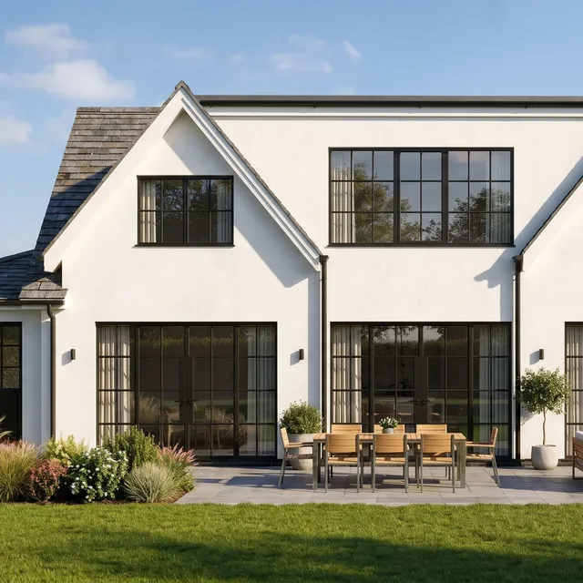 White modern farmhouse with black steel windows, a slate roof and a garden terrace, rendered from a 3D model with Render AI